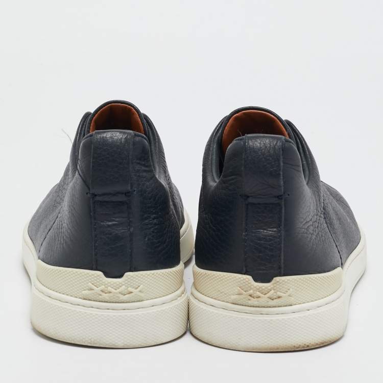 Pre Owned Ermenegildo Zegna Navy Blue Leather Triple Stitch Slip On Sneakers Size 41