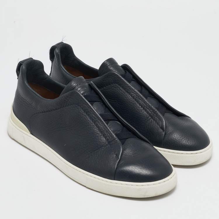 Pre Owned Ermenegildo Zegna Navy Blue Leather Triple Stitch Slip On Sneakers Size 41