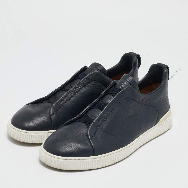 Pre Owned Ermenegildo Zegna Navy Blue Leather Triple Stitch Slip On Sneakers Size 41