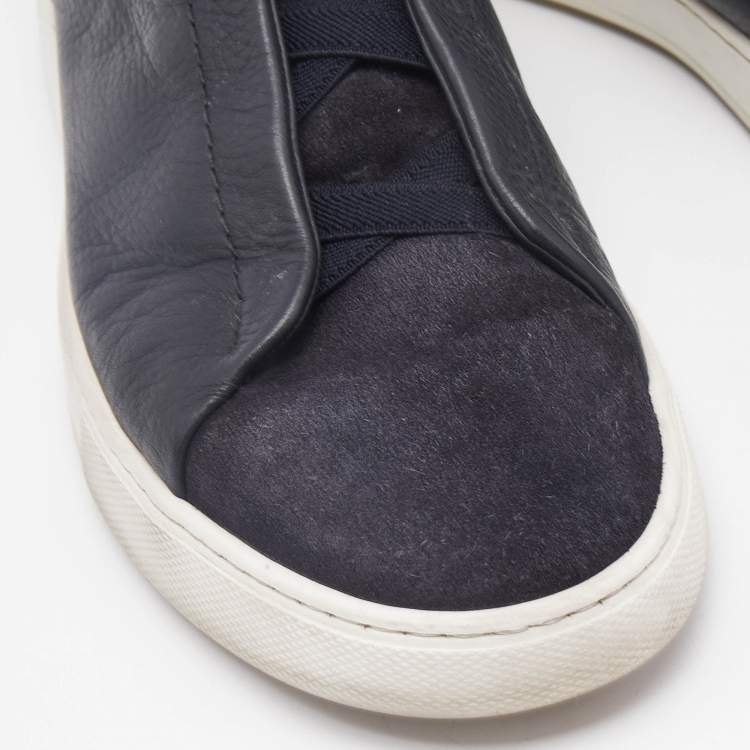 Pre Owned Ermenegildo Zegna Black/Navy Blue Leather and Suede Triple Stitch Slip On Sneakers Size 41
