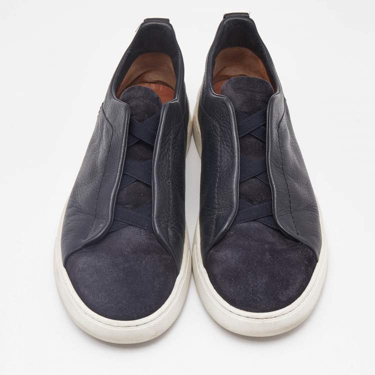 Pre Owned Ermenegildo Zegna Black/Navy Blue Leather and Suede Triple Stitch Slip On Sneakers Size 41
