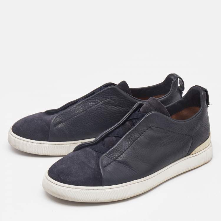 Pre Owned Ermenegildo Zegna Black/Navy Blue Leather and Suede Triple Stitch Slip On Sneakers Size 41
