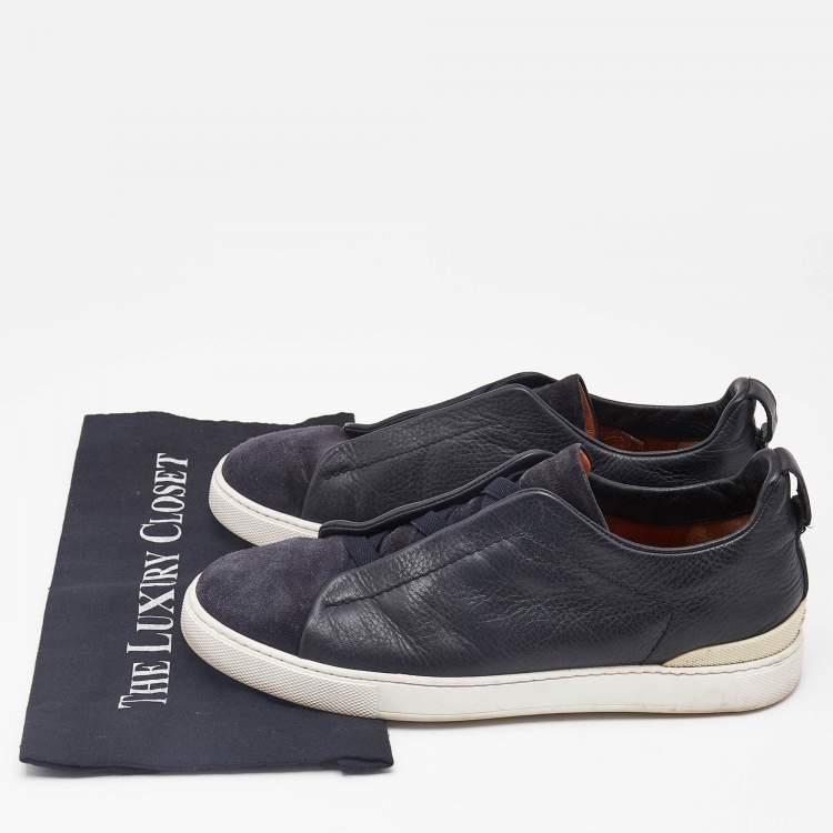 Pre Owned Ermenegildo Zegna Black/Navy Blue Leather and Suede Triple Stitch Slip On Sneakers Size 41