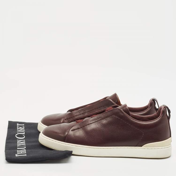 مملوكة مسبقًا Ermenegildo Zegna Brown Leather Triple Stitch Slip On Sneakers Size 41