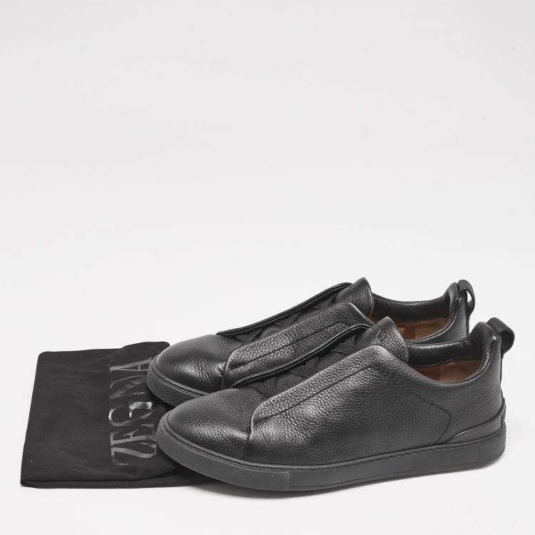 Pre Owned Ermenegildo Zegna Black Leather Triple Stitch Slip On Sneakers Size 42.5