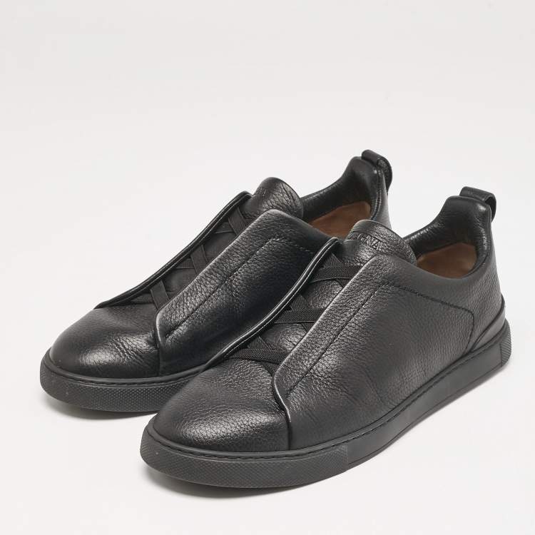 Pre Owned Ermenegildo Zegna Black Leather Triple Stitch Slip On Sneakers Size 42.5