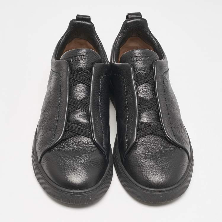 Pre Owned Ermenegildo Zegna Black Leather Triple Stitch Slip On Sneakers Size 42.5