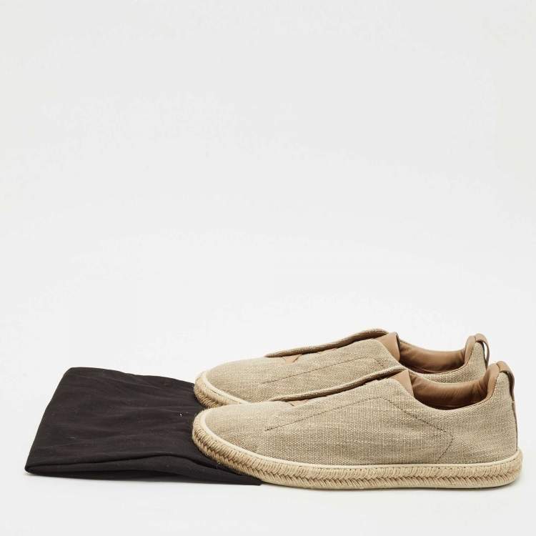Pre Owned Ermenegildo Zegna Beige Canvas and Leather Triple Stitch Slip On Sneakers Size 45.5