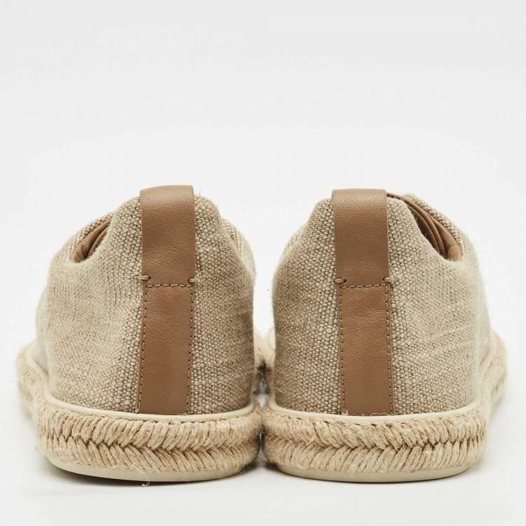 Pre Owned Ermenegildo Zegna Beige Canvas and Leather Triple Stitch Slip On Sneakers Size 45.5