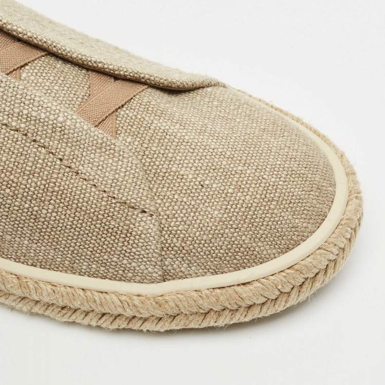 Pre Owned Ermenegildo Zegna Beige Canvas and Leather Triple Stitch Slip On Sneakers Size 45.5