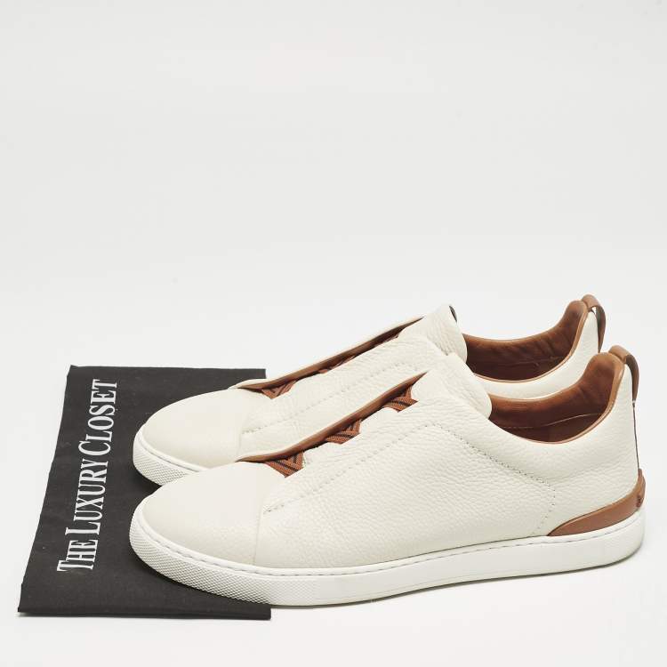 Pre Owned Ermenegildo Zegna Cream Leather triple stitch Slip On Sneakers Size 45