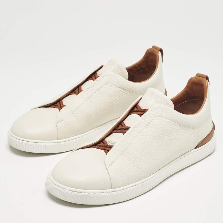 Pre Owned Ermenegildo Zegna Cream Leather triple stitch Slip On Sneakers Size 45