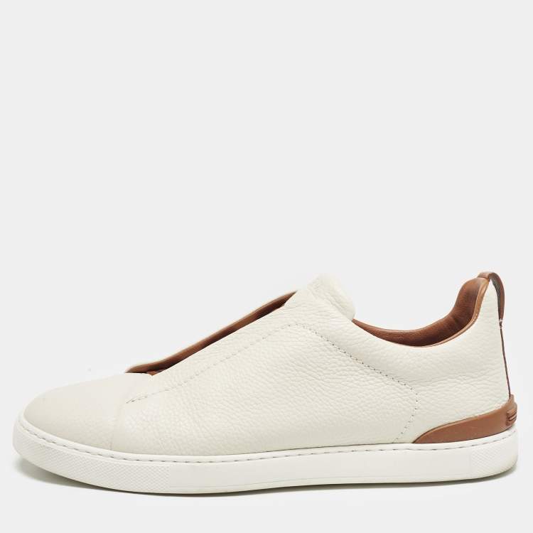Pre Owned Ermenegildo Zegna Cream Leather triple stitch Slip On Sneakers Size 45