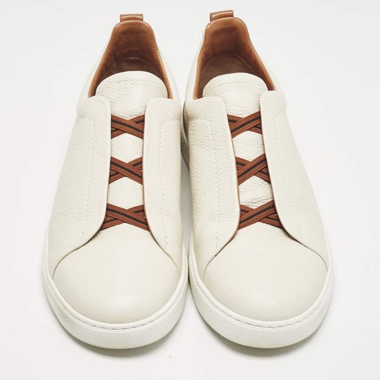Pre Owned Ermenegildo Zegna Cream Leather triple stitch Slip On Sneakers Size 45