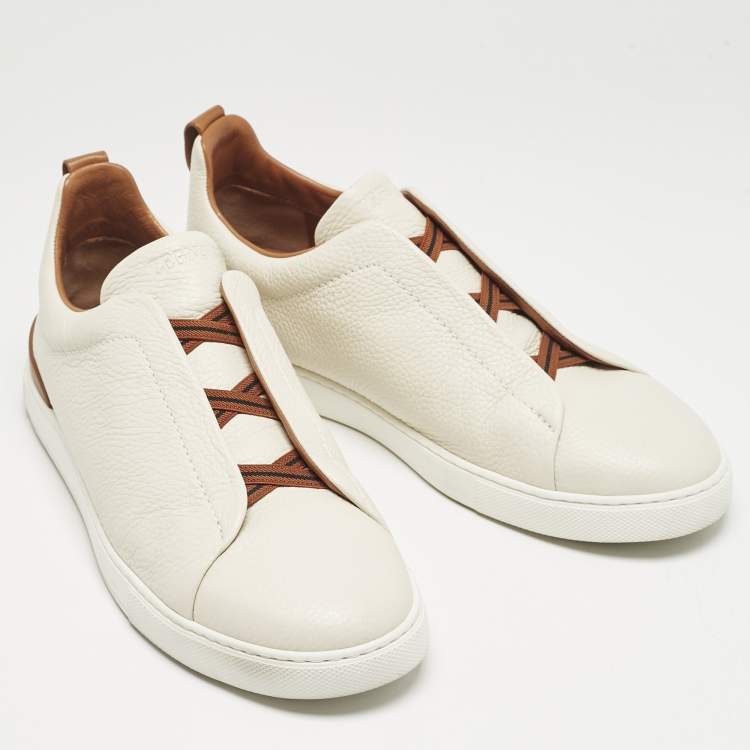 Pre Owned Ermenegildo Zegna Cream Leather triple stitch Slip On Sneakers Size 45