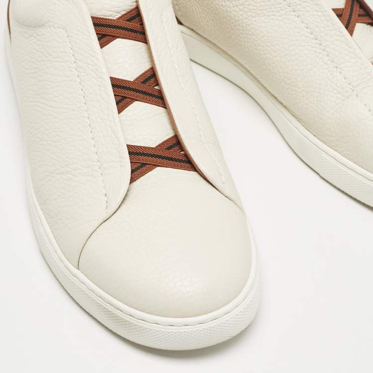 Pre Owned Ermenegildo Zegna Cream Leather triple stitch Slip On Sneakers Size 45