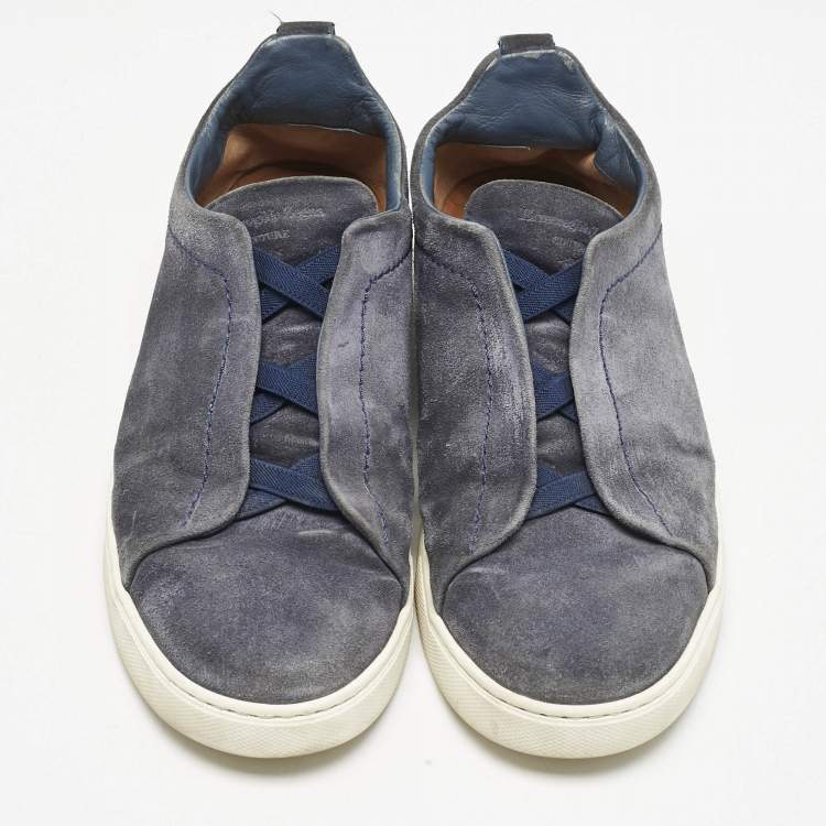 Pre Owned Ermenegildo Zegna Navy Blue Suede Triple Stitch Slip On Sneakers Size 42.5