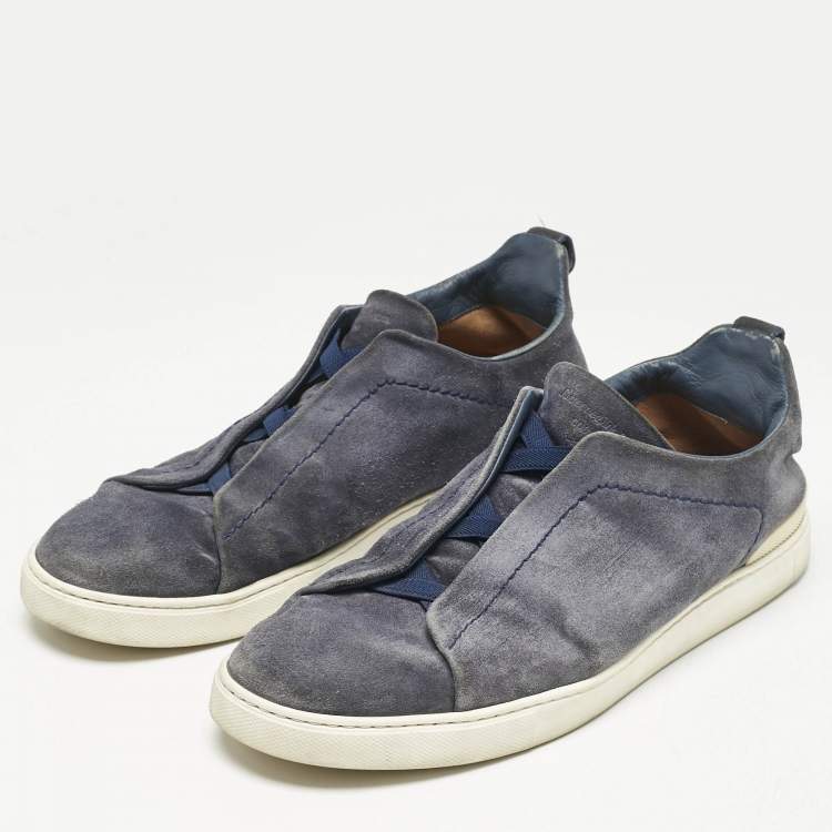 Pre Owned Ermenegildo Zegna Navy Blue Suede Triple Stitch Slip On Sneakers Size 42.5