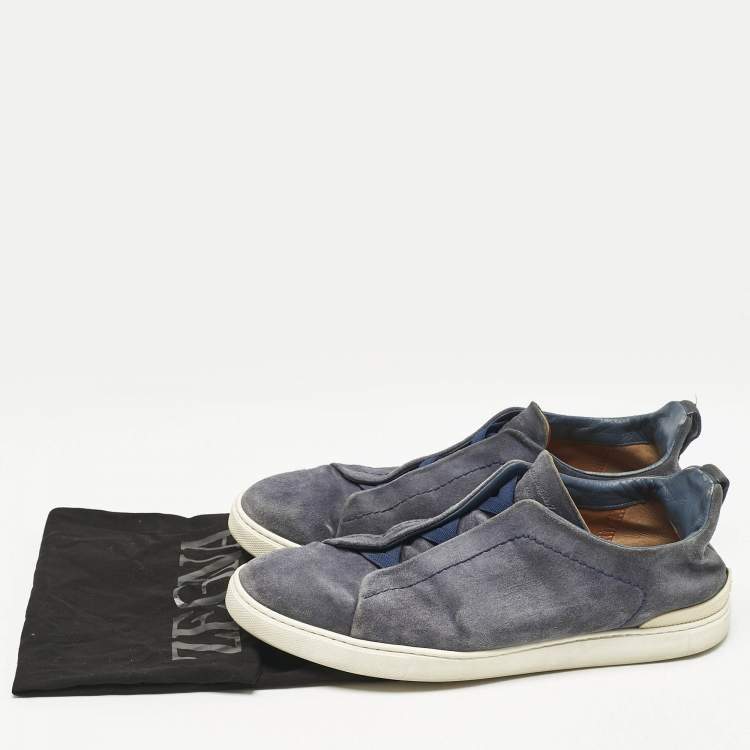 Pre Owned Ermenegildo Zegna Navy Blue Suede Triple Stitch Slip On Sneakers Size 42.5