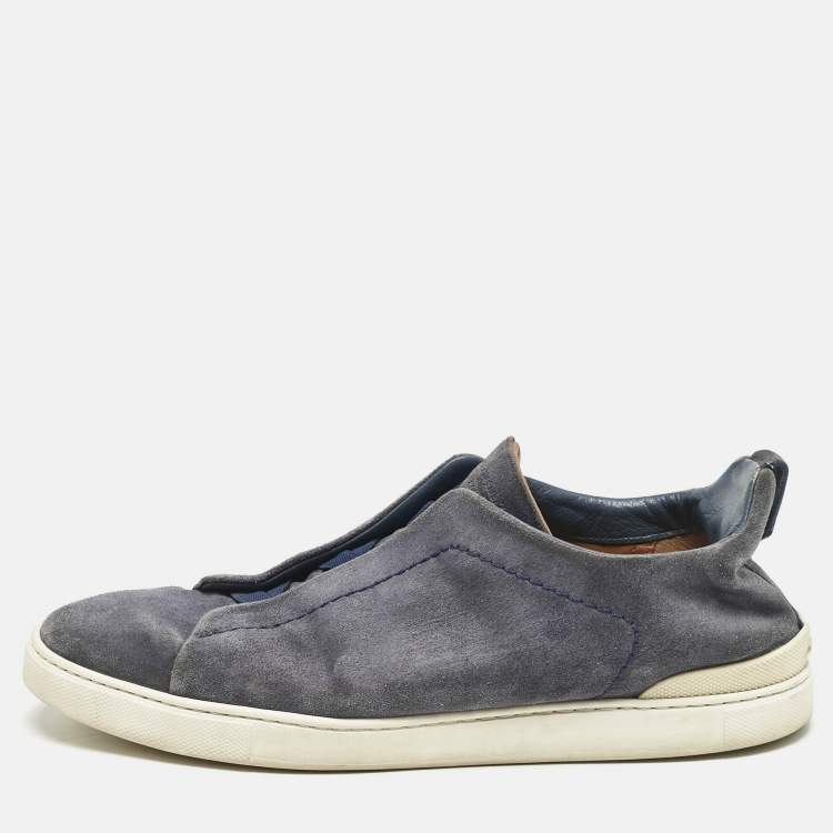 Pre Owned Ermenegildo Zegna Navy Blue Suede Triple Stitch Slip On Sneakers Size 42.5