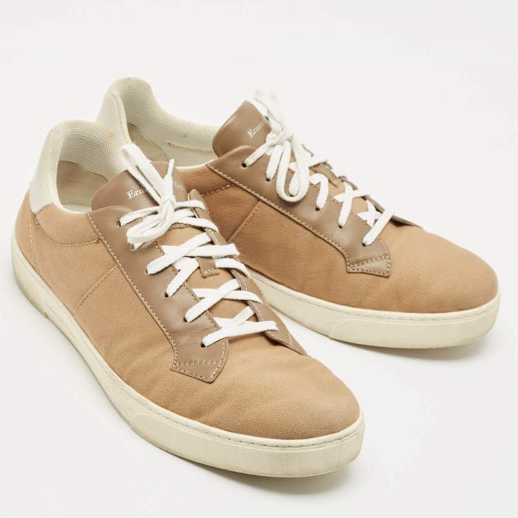 Pre Owned Ermenegildo Zegna Camel Brown/White Canvas and Leather Low Top Sneakers Size 43.5