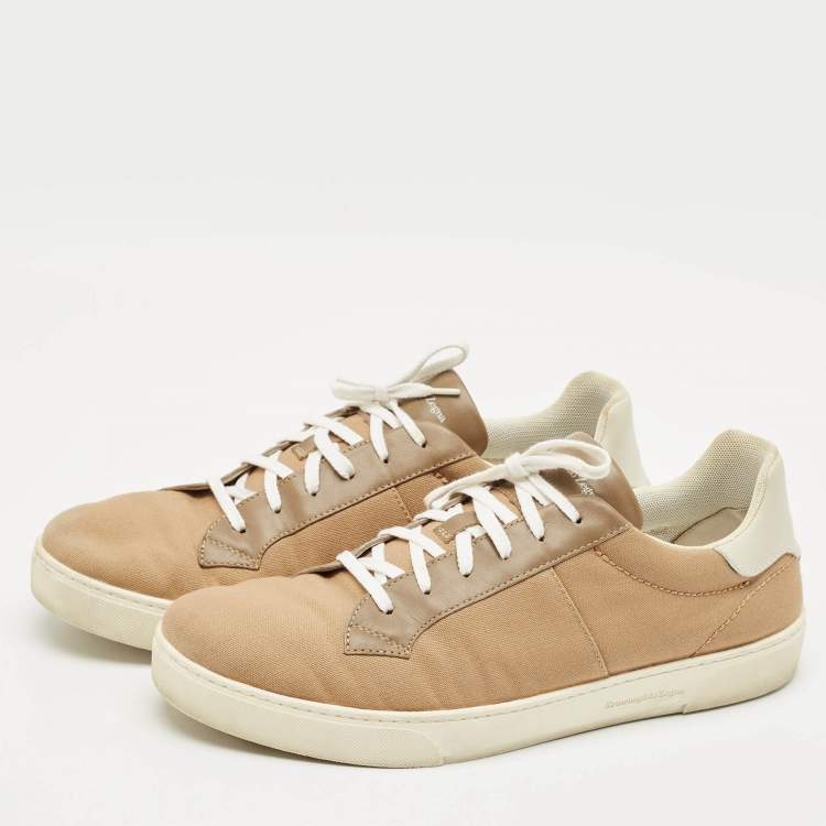 Pre Owned Ermenegildo Zegna Camel Brown/White Canvas and Leather Low Top Sneakers Size 43.5
