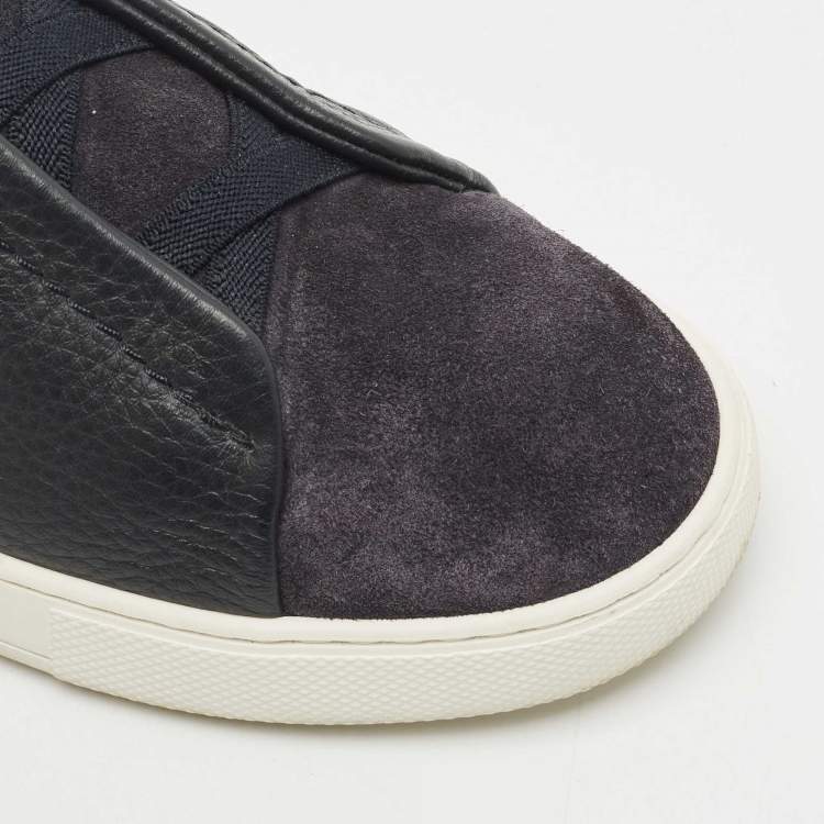 Pre Owned Ermenegildo Zegna Navy Blue Suede and Leather Triple Stitch Sneakers Size 40.5