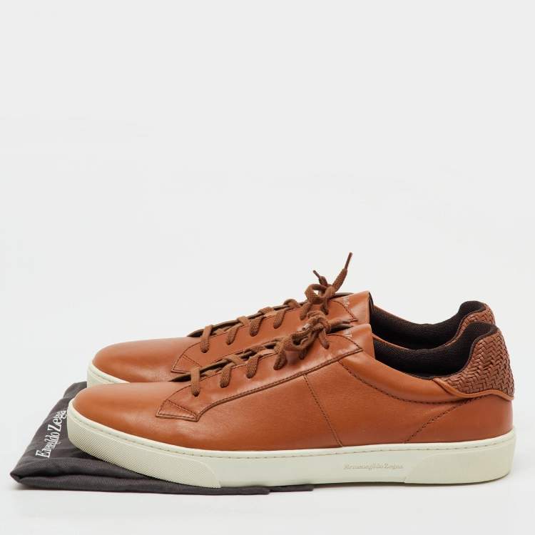 Pre Owned Ermenegildo Zegna Tan Leather Low Top Sneakers Size 45