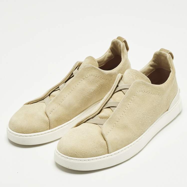 Pre Owned Ermenegildo Zegna Triple Stitch Size 42 Beige Suede Low Top Sneakers