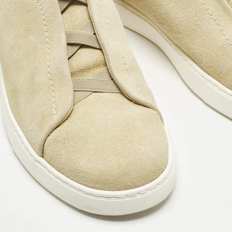 Pre Owned Ermenegildo Zegna Triple Stitch Size 42 Beige Suede Low Top Sneakers