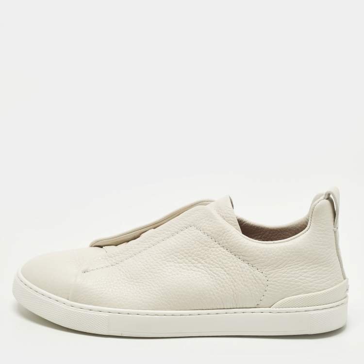 Pre Owned Ermenegildo Zegna Triple Stitch Size 41 Cream Leather Slip On Sneakers