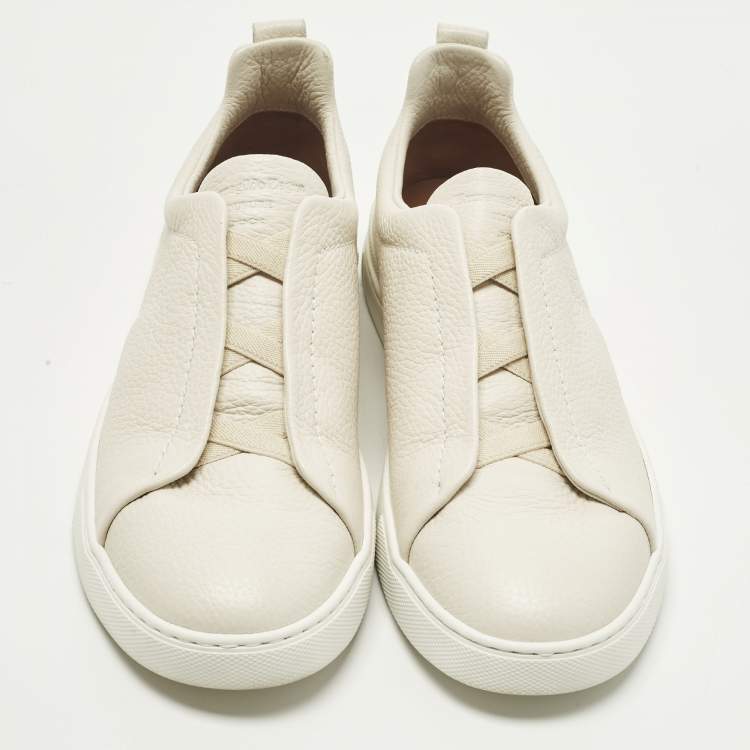 Pre Owned Ermenegildo Zegna Triple Stitch Size 41 Cream Leather Slip On Sneakers