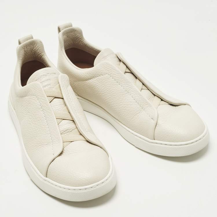 Pre Owned Ermenegildo Zegna Triple Stitch Size 41 Cream Leather Slip On Sneakers