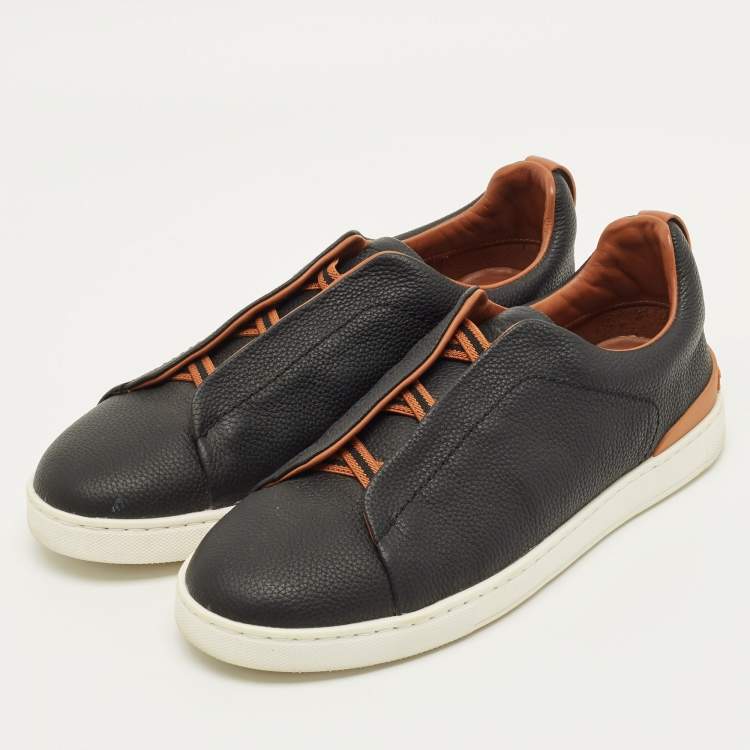 Pre Owned Ermenegildo Zegna Triple stitch Size 42 Black Leather Slip On Sneakers