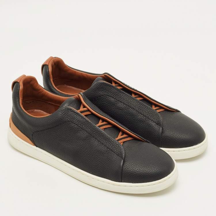 Pre Owned Ermenegildo Zegna Triple stitch Size 42 Black Leather Slip On Sneakers