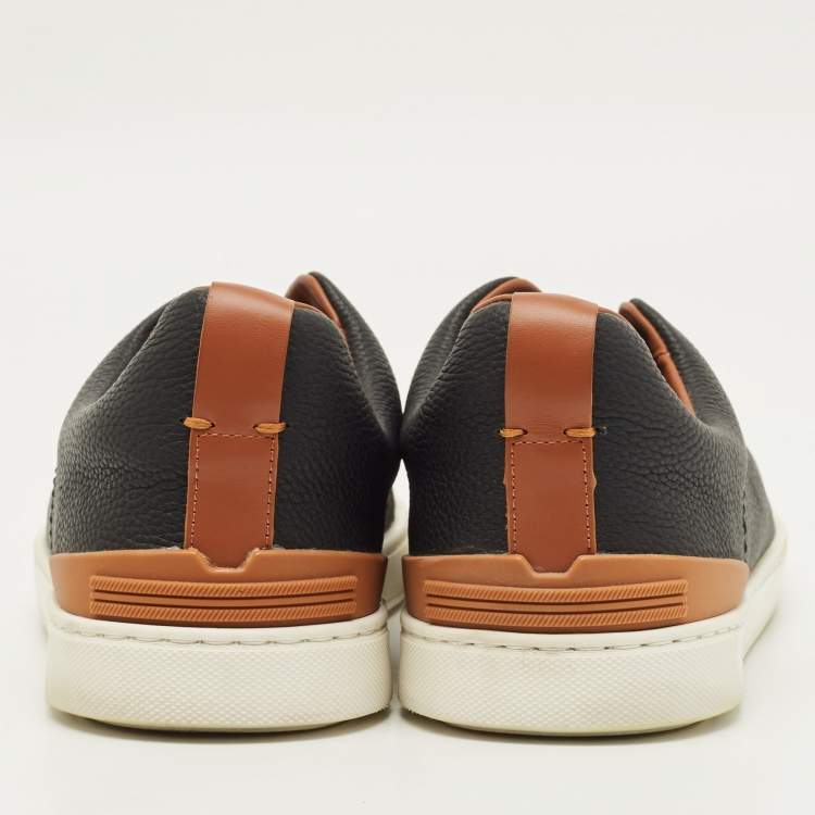 Pre Owned Ermenegildo Zegna Triple stitch Size 42 Black Leather Slip On Sneakers