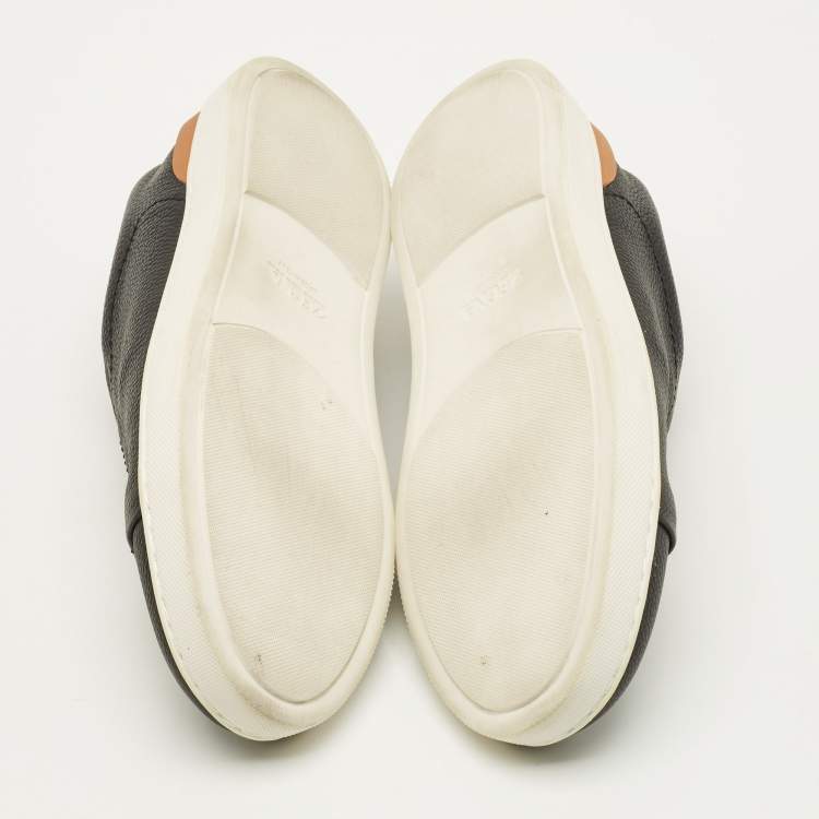 Pre Owned Ermenegildo Zegna Triple stitch Size 42 Black Leather Slip On Sneakers