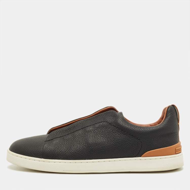 Pre Owned Ermenegildo Zegna Triple stitch Size 42 Black Leather Slip On Sneakers