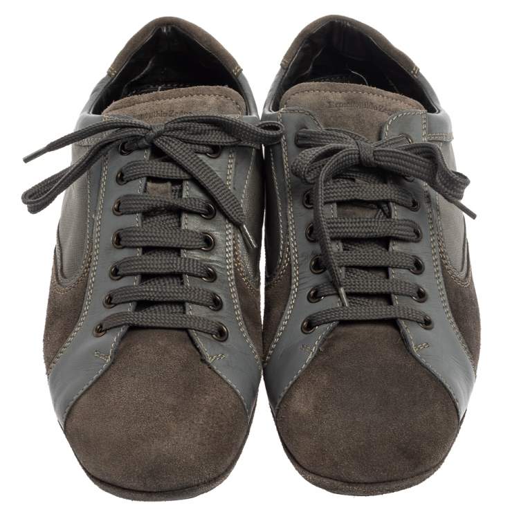 Pre Owned Ermenegildo Zegna Grey Leather And Suede Low Top Sneakers Size 44