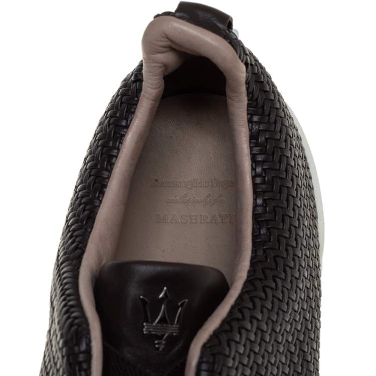 Pre Owned Ermenegildo Zegna Couture Dark Brown Woven Leather Pelletessuta Triple Stitch Slip On Sneakers Size 42.5
