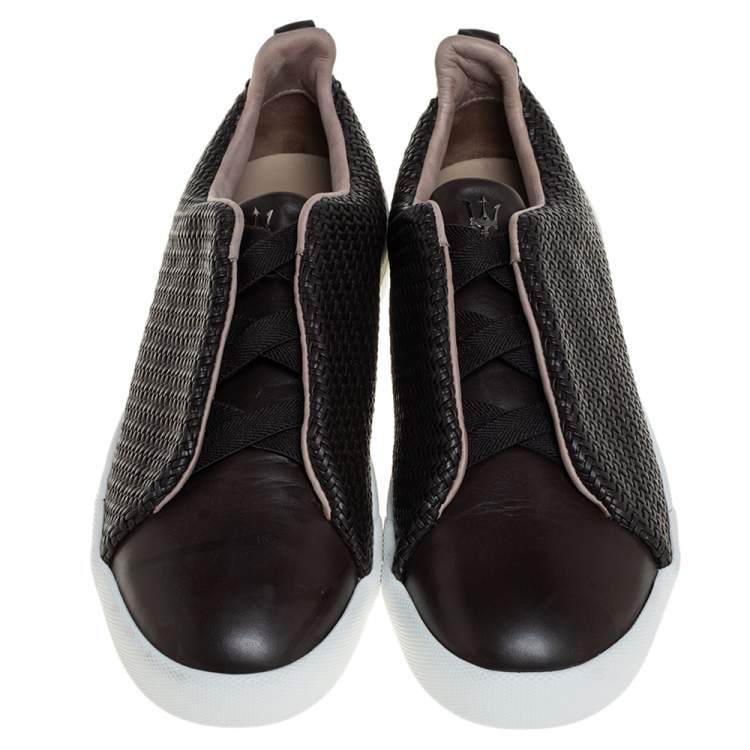 Pre Owned Ermenegildo Zegna Couture Dark Brown Woven Leather Pelletessuta Triple Stitch Slip On Sneakers Size 42.5