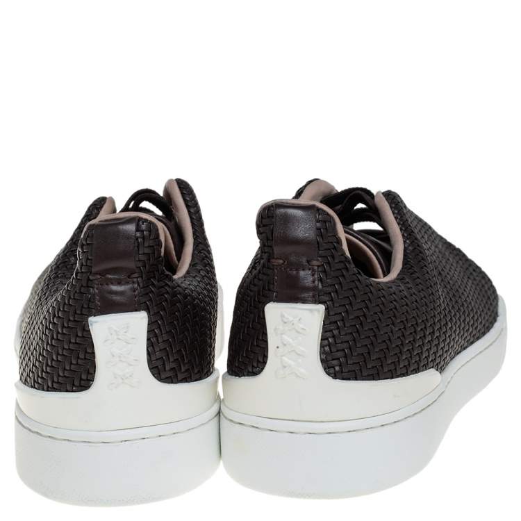 Pre Owned Ermenegildo Zegna Couture Dark Brown Woven Leather Pelletessuta Triple Stitch Slip On Sneakers Size 42.5