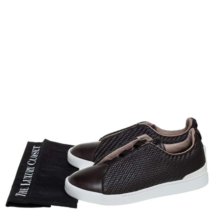Pre Owned Ermenegildo Zegna Couture Dark Brown Woven Leather Pelletessuta Triple Stitch Slip On Sneakers Size 42.5
