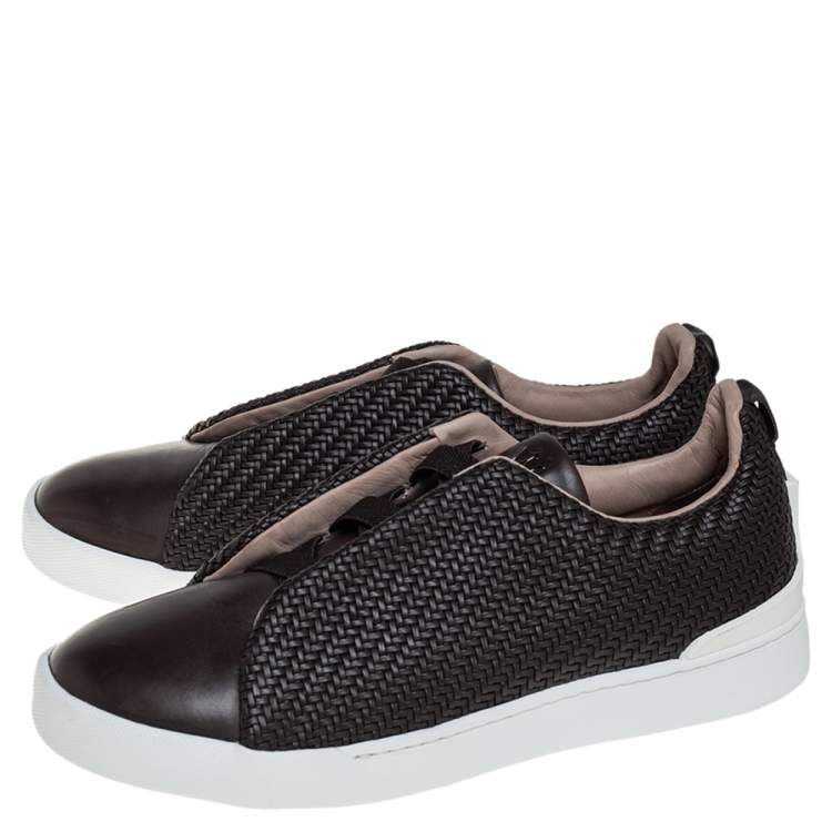 Pre Owned Ermenegildo Zegna Couture Dark Brown Woven Leather Pelletessuta Triple Stitch Slip On Sneakers Size 42.5