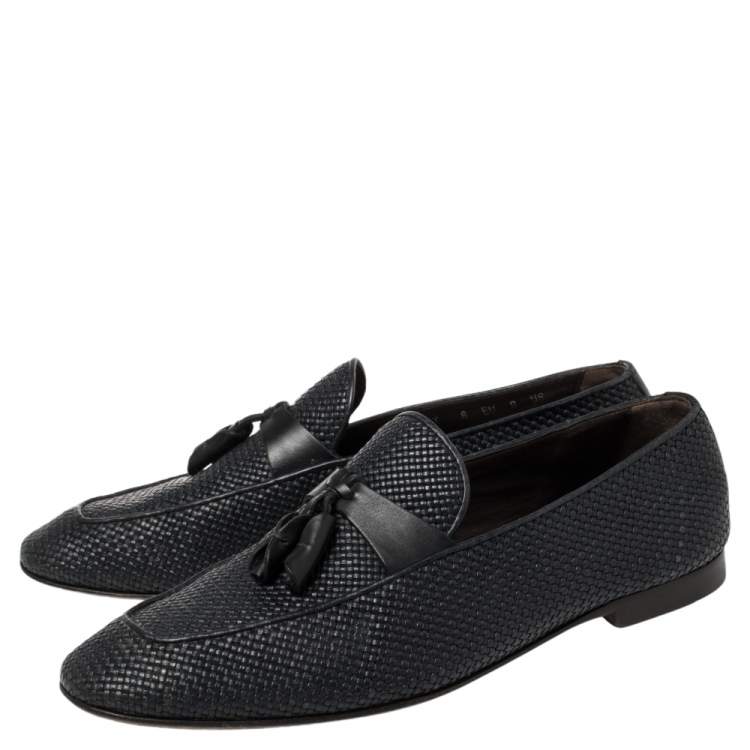 Pre Owned Ermenegildo Zegna Dark Blue Woven Leather Lido Tassel Loafers Size 42