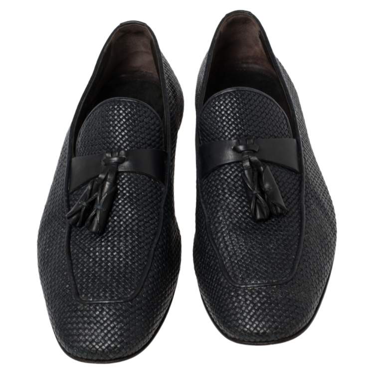 Pre Owned Ermenegildo Zegna Dark Blue Woven Leather Lido Tassel Loafers Size 42