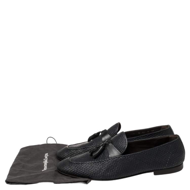 Pre Owned Ermenegildo Zegna Dark Blue Woven Leather Lido Tassel Loafers Size 42