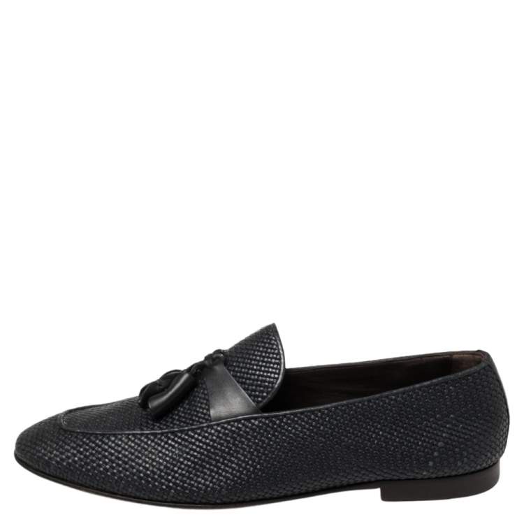 Pre Owned Ermenegildo Zegna Dark Blue Woven Leather Lido Tassel Loafers Size 42