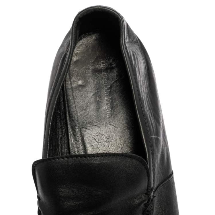 Pre Owned Ermenegildo Zegna Black Leather Slip On  Loafers Size 43.5 
