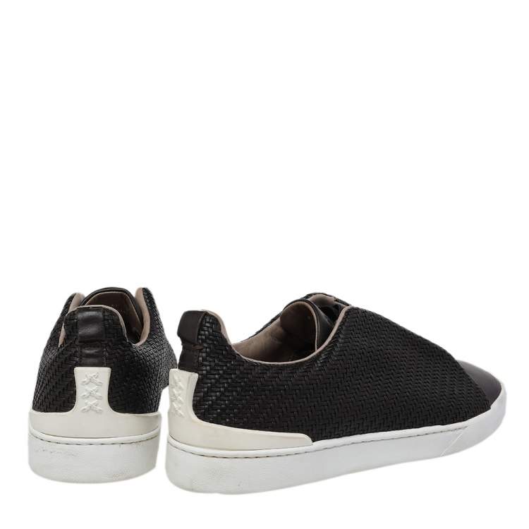 Pre Owned Ermenegildo Zegna Couture Dark Brown Woven Leather Pelle Tessuta Triple Stitch Slip On Sneakers Size 43